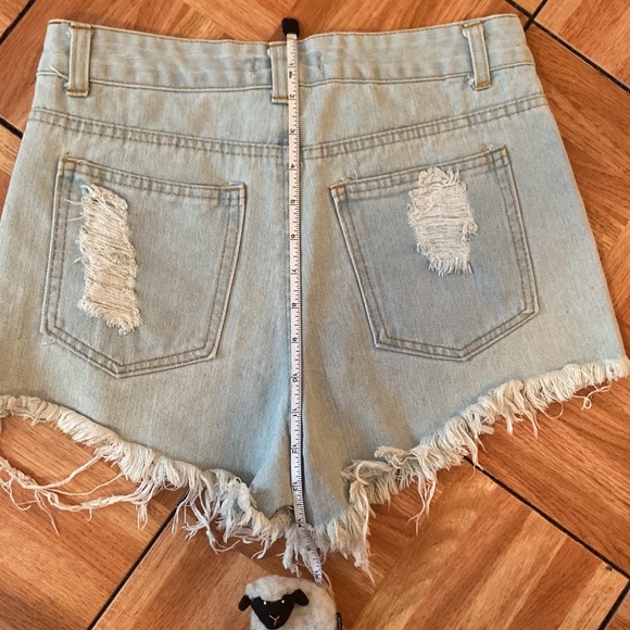 SJ Style Light Wash Denim Distressed Jean Shorts with Pink Rose Details - Picture 5 of 5